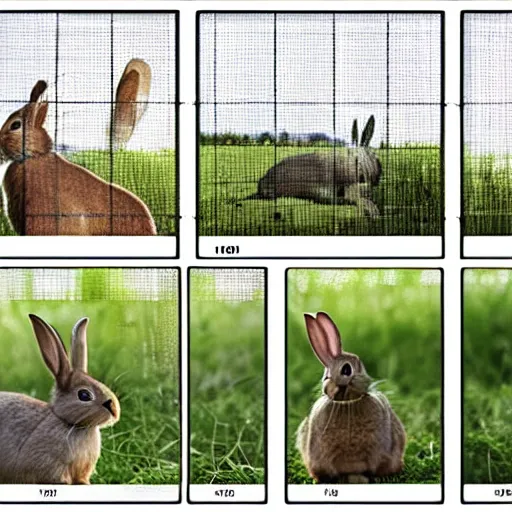 Image similar to a rabbit jumping up over a fence, shown as a film strip showing 9 sequential stills from the video clip in a grid