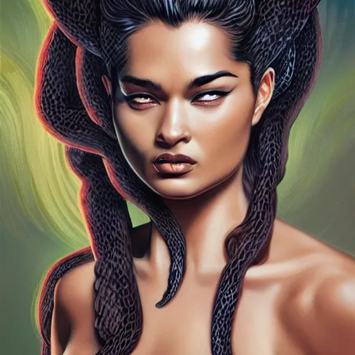 Image similar to Shanina Shaik as Medusa, snakes for hair, highly detailed, digital painting, artstation, concept art, smooth, sharp focus, illustration, art by Chris Achilleos, in the style of Medusa (1988) by Chris Achilleos.