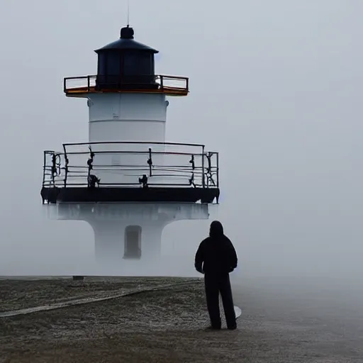 Prompt: sailors spotting a lighthouse in thick fog