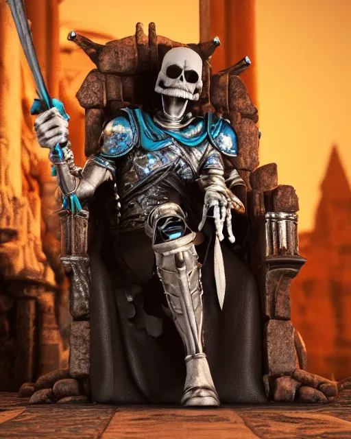 Prompt: closeup of skeletor sitting in a throne in a castle, rim lighting, octane, dark souls, craig mulins, octane, 8 k