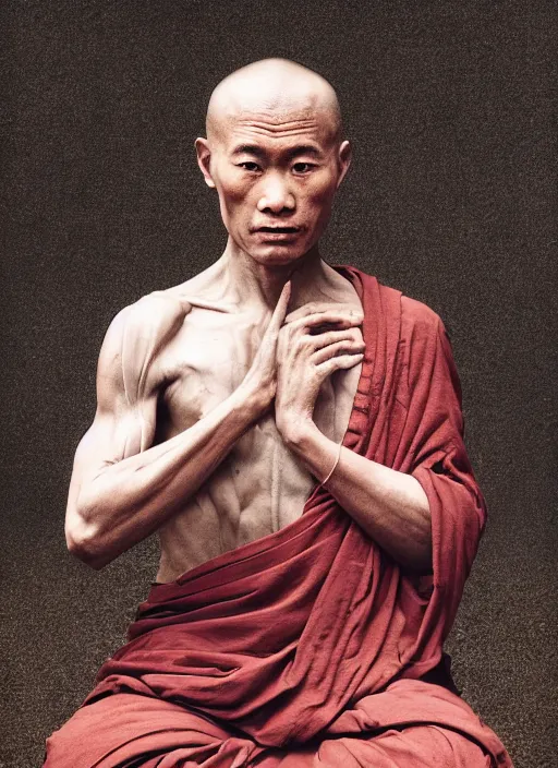 Prompt: portrait of a buddhist monk with translucent skin, visible muscles and veins and arteries and bones and spines and nerves, beautiful detailed intricate insanely detailed octane render, 8k artistic photography, photorealistic, chiaroscuro, by David Cronenberg, Raphael, Caravaggio