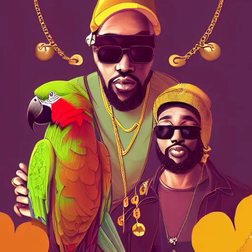 Image similar to parrots wearing golden rings and necklaces, with rap cap on head, rapping and sitting on golden trees, rap scene, cyberpunk concept art, trending on artstation, highly detailed, digital art, 8 k