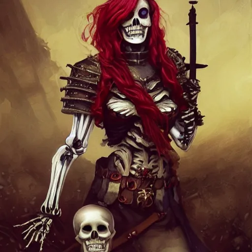 Image similar to cute & beautiful smug smiling undead skeleton girl with very attractive face and red hair dressed as a roman warrior, elegant, digital art, fullbody painting, fantasy, pixar style, painting, pin up, highly detailed, artstation, art by artgerm, vrubel, greg rutkowski, ilya kuvshinov, raymond swanland