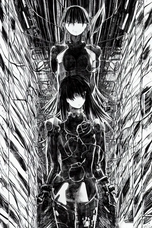 Image similar to beautiful coherent award-winning manga cover art of a mysterious lonely anime woman wearing a plugsuit and traversing an endless concrete hallway, painted by tsutomu nihei