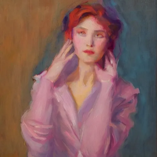 Prompt: a portrait of femininity, confident face, warm glow, bathed in morning light, painterly, radiosity, impressionism, blue and pink color scheme with cool highlights, modern fashion, contemporary art, deep rich hues, oil on canvas