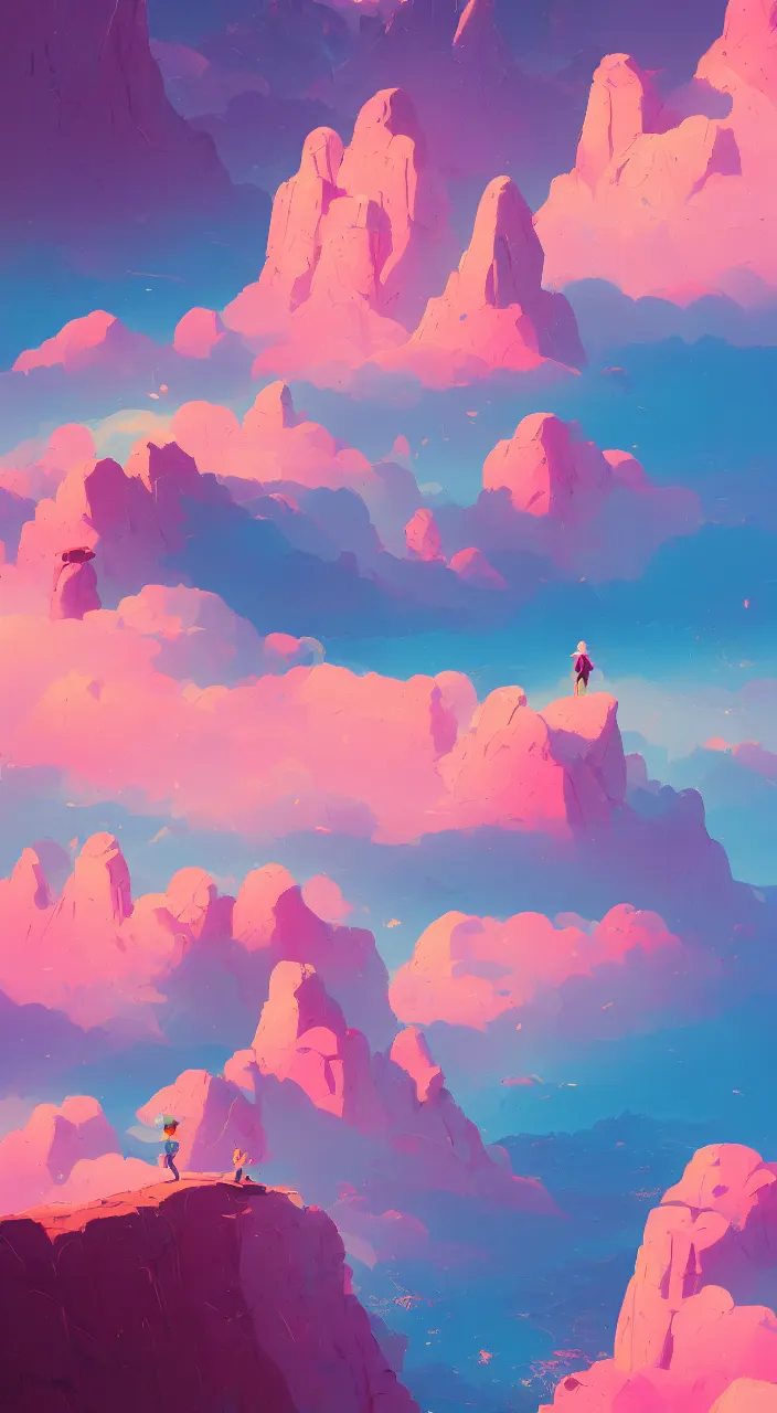 Prompt: Aesthetic Lonely cliff , pink clouds in the sky, brightly illuminated by rays of sun, artstation, colorful sylvain sarrailh illustration, by peter chan, day of the tentacle style, twisted shapes