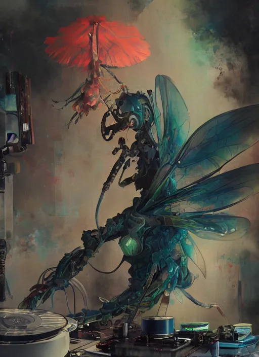 Prompt: surreal gouache painting, by yoshitaka amano, by ruan jia, by Conrad roset, by good smile company, detailed anime 3d render of a Giant glowing dragonfly sitting on a DJ mixer, portrait, cgsociety, artstation, rococo mechanical and electronic, dieselpunk atmosphere