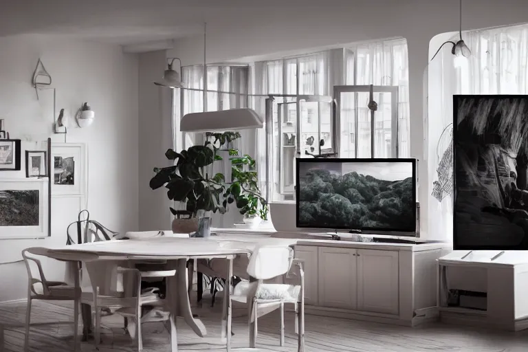 Prompt: IKEA catalogue photo of a high end farmhouse kitchen, vaporwave, screens, TVs, monitors, by Beksiński