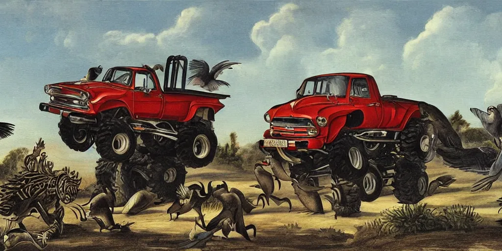 Image similar to Monster truck, in the style of birds of america, painting by john james audubon