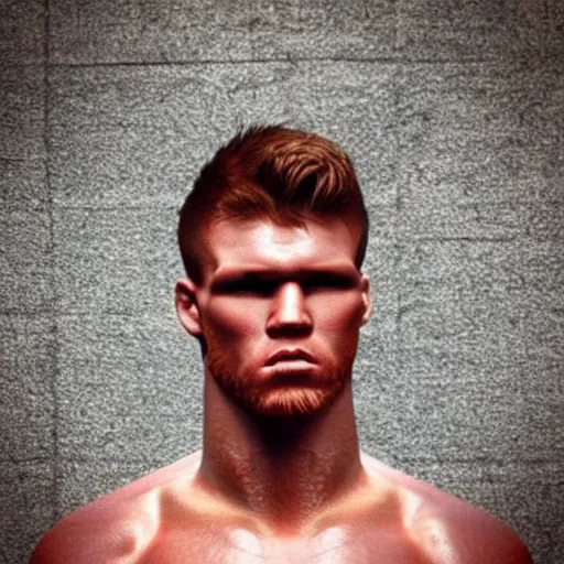 Image similar to “a realistic detailed photo of a guy who is an attractive humanoid who is half robot and half humanoid, who is a male android, boxer Canelo Álvarez, shiny skin, posing like a statue, blank stare”