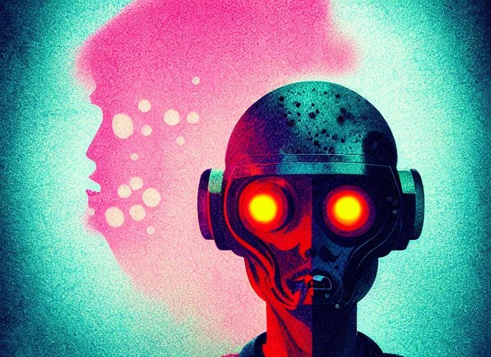 Image similar to portrait of a zombie astronaut girl, colorful, modern art deco, mads berg, karolis strautniekas, christopher balaskas, stippled light, fog, moody, fine texture, editorial illustration, dramatic lighting, dynamic composition, detailed, matte print, dynamic perspective, muted color