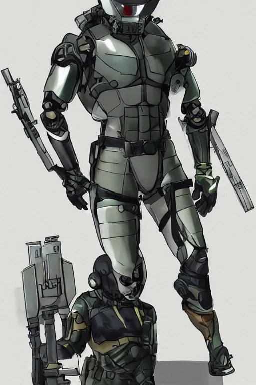 Image similar to robot ninja mask helmet metal gear solid snake pose training suit swat heros chaykin howard and campion pascale and cooke darwyn and davis jack illustration character design concept the phantom pain cosplay sniper wolf