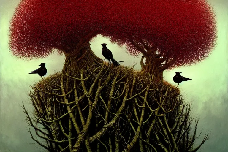 Image similar to a magpie family hosting their magpie relatives on top of a pine tree, in the style of rafał olbinski, in the style of beksinski, in the style of gediminas pranckevicius, intricate and epic composition, red by caravaggio, insanely quality, highly detailed, masterpiece, purple light, artstation, 4 k