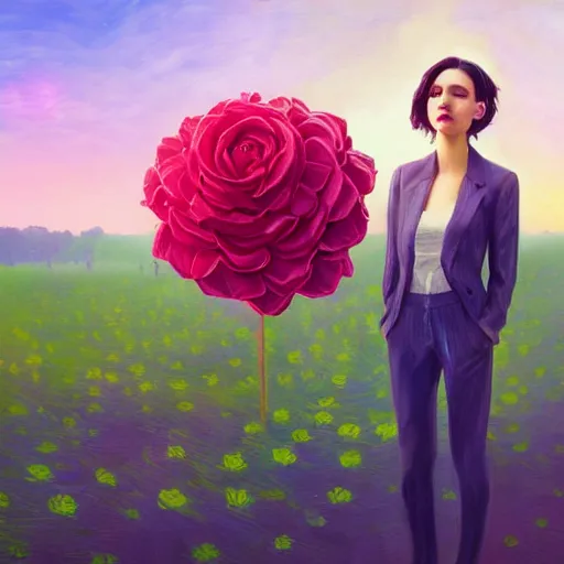 Image similar to giant rose flower head, frontal, girl in a suit, surreal photography, sunrise, dramatic light, impressionist painting, digital painting, artstation, simon stalenhag