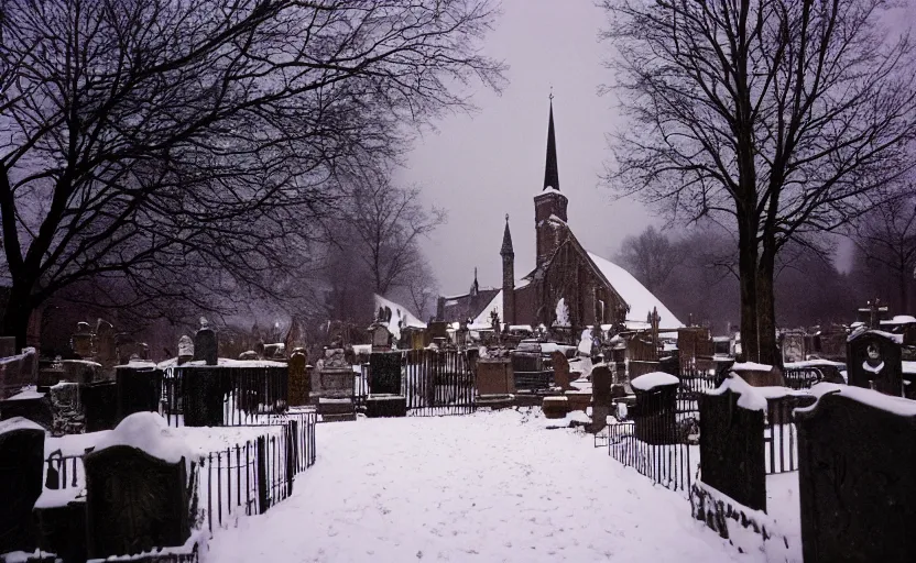 Prompt: inside a snowy graveyard with 18th century gothic church in the background with candles cold and sad in the shining by stanley kubrick, shot by 35mm film color photography