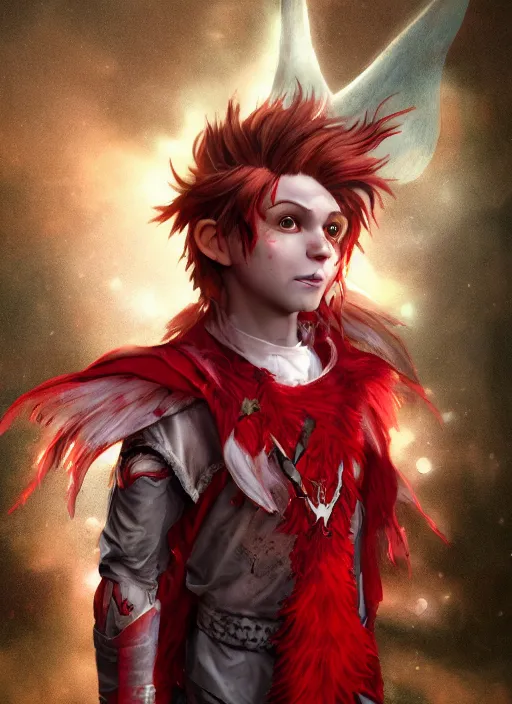 Image similar to An epic fantasy comic book style portrait painting of a young fairy boy with red wings, pointy red hair, white glowing eyes, smiling, red long hair red coat. Unreal 5, DAZ, hyperrealistic, octane render, cosplay, RPG portrait, dynamic lighting