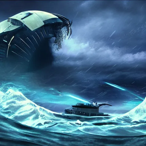 Prompt: semi futuristic warship being attacked by a sea monster, chaotic sea setting, ocean,The Great Wave off Kanagawa, unreal engine, octane render, cinematic, epic, rainy stormy night, chaotic, 8k, ultra detailed, Artstation, Trending on Artstation, Artstation HQ, Artstation HD, deviant art, Pinterest, digital art, reflections,