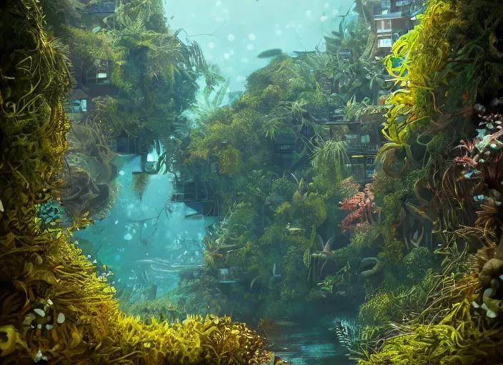 Image similar to overgrown foliage overtaking favela, underwater environment, scenery, professional, award - winning, trending on artstation, detailed, realistic, beautiful, emotional, shiny, golden, picture