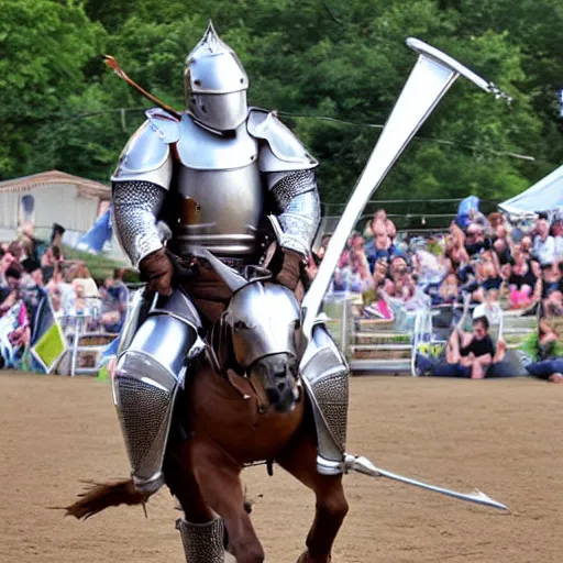 Prompt: a mounted knight in full armor and a lance, riding in a jousting tournament