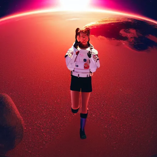 Image similar to A wide angle shot from below of a female astronaut with a feminine body walking with swagger towards camera on mars in an infinite universe , synthwave digital art