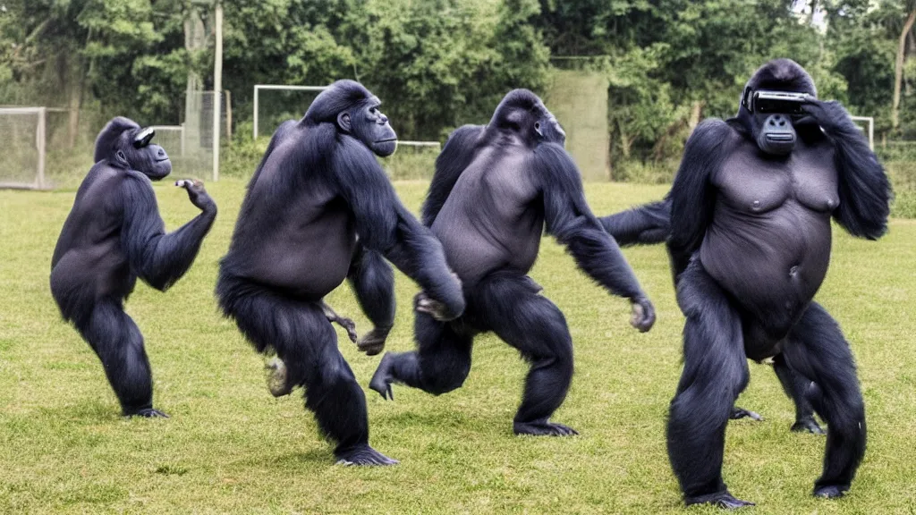 Image similar to gorillas using vr headset playing soccer, vivid