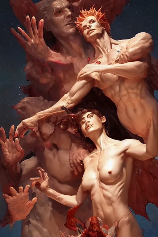 Prompt: portrait of god holding hands with satan by artgerm and Craig Mullins, James Jean, Andrey Ryabovichev, Mark Simonetti and Peter Morbacher 16k