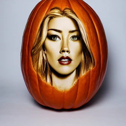 Image similar to a [ gourd ] carved shaped to look like ( amber heard face ) hybrid intercross