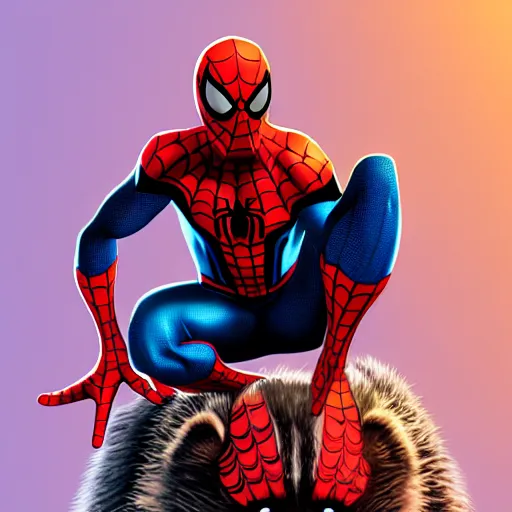 Image similar to spider - man sit on the raccoon and eating donuts, concept art, trending on artstation, highly detailed, intricate, sharp focus, digital art, 8 k