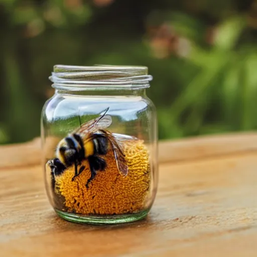 Prompt: a photo of a bee in a jar on a table - n 5