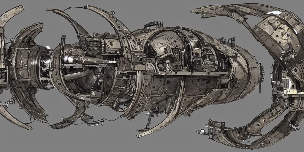 Prompt: cross-section of a clockwork submarine operated by a crew of foxes, concept art, artstation