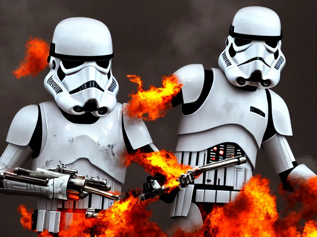 Image similar to storm trooper in a battle, smoke, fire, explosions, chrome, shiny, reflective, metallic, 3 d render, realistic, hdr, stan winston studios, dramatic lighting, flame colors bright,