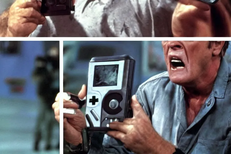 Prompt: Jack Nicholson as Terminator is playing Pokemon on gameboy