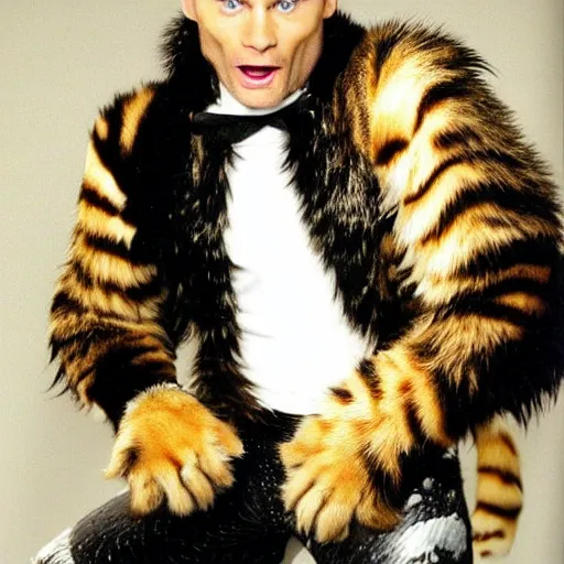 Prompt: 📷 john partridge playing rum tum tugger, spike collar, fluffy neck, cats the musical 🎶, 1 9 9 8 version, professional cat - like makeup, stunning lighting