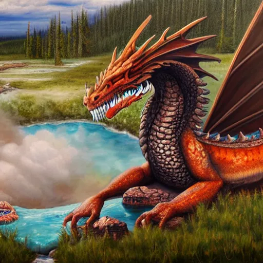 Prompt: highly detailed oil painting of a dragon resting in a hotspring at yellowstone national park, featured on artstation