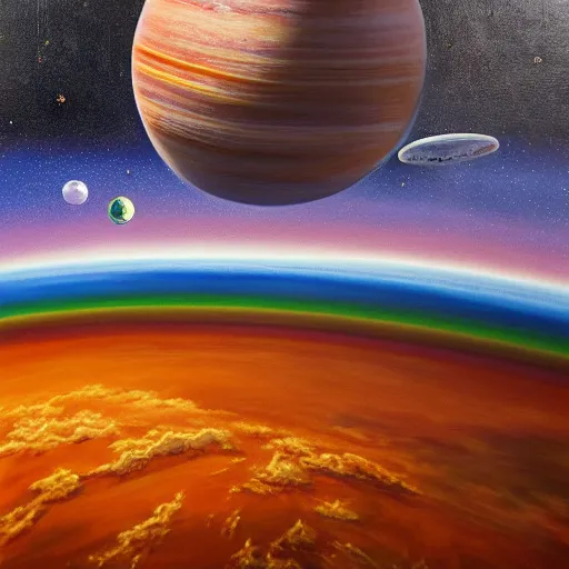 Image similar to view from space, rainbow rubber band ball planet, oil on canvas, portrait, intricate, 8 k highly professionally detailed, hdr, cgsociety