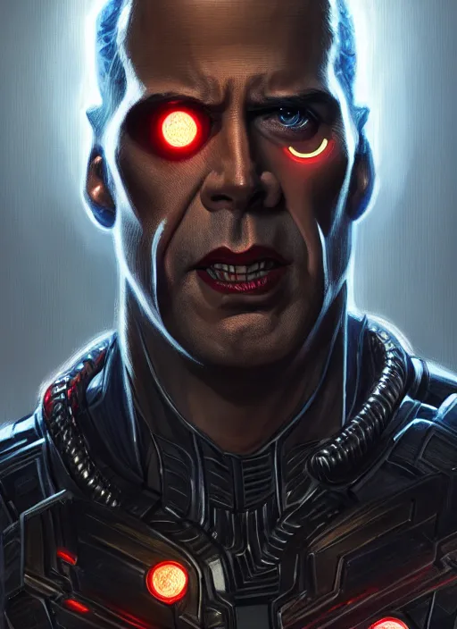 Image similar to nicolas cage as marvel's deathlok, intricate, elegant, glowing lights, highly detailed, digital painting, artstation, glamor pose, concept art, smooth, sharp focus, illustration, art by artgerm and greg rutkowski, artey freytag