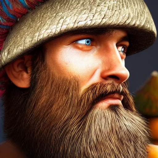 Image similar to highly detailed close up portrait of a bearded man in a mushroom hat, studio lightning, bright colors, intricate, masterpiece, photorealistic, hiperrealistic, sharp focus, high contrast, Artstation HQ, DeviantArt trending, 4k UHD, Unreal Engine 5