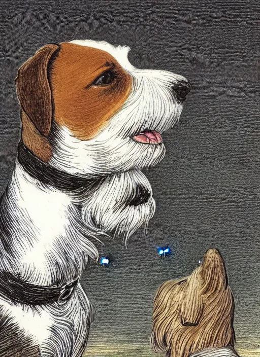 Prompt: candid portrait of jack russel dog looking up, from behind, night sky, highly detailed, side view, illustrated by peggy fortnum and beatrix potter and sir john tenniel