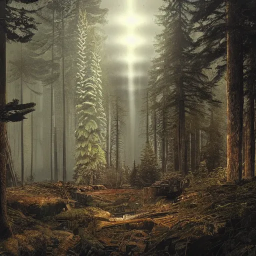 Prompt: mysterious perpetual energy facility, glowing, woods and wilderness, Ivan Shishkin and Greg Rutkowski