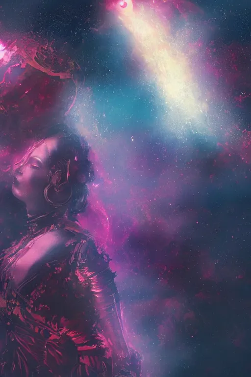 Image similar to a fancy portrait of a broken automaton floating in the vacuum of space with a colourful nebula behind her by dustin nguyen, sung choi, mitchell mohrhauser, maciej kuciara, johnson ting, maxim verehin, peter konig, bloodborne, 8 k photorealistic, cinematic lighting, hd, high details, dramatic, dark atmosphere, trending on artstation