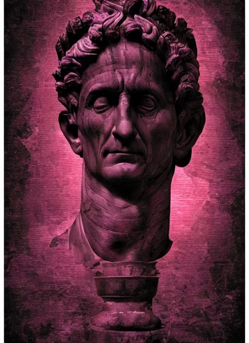 Image similar to elegant dark design poster showing a statue of julius caesar, black background with very subtle red and purple design elements, soft edges, powerful, nekro, vito acconci, thin straight purple lines, dark, glitch art, neo vaporwave, gritty, layout frame, square, trending on artstation