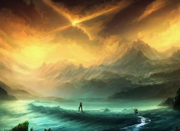 Prompt: epic fantasy landscape, drowning in the water, beautiful sky by Cyril Aquasixio Rolando, Cyril Rolando,