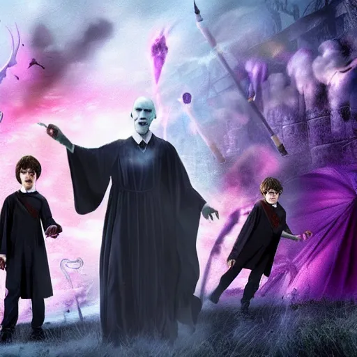 Prompt: ! dream harry potter with voldemort, pride flag in background, full picture