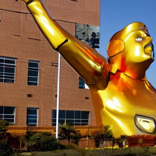 Prompt: picture of giant golden statue of a gaming controller, in a suburb