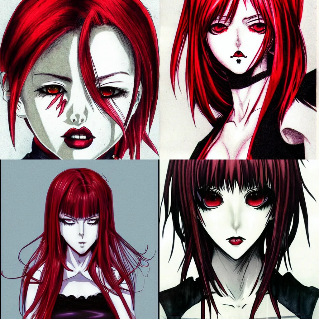 Prompt: highly detailed portrait of 9 0 s seinen manga art of goth woman with red hair, black makeup, and red eyes. drawn by