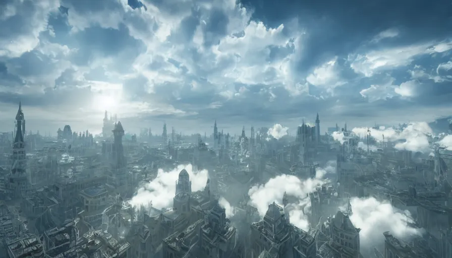 Prompt: Angelic Floating City in the Clouds, Hyperrealistic, Intricate Details, Raytracing, Volumetric Lighting, Lightshafts, Blue and White Color Palette, Unreal Engine 5, Photorealism