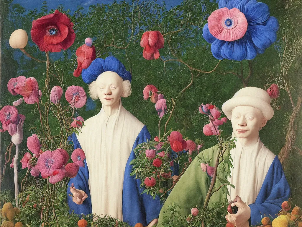 Prompt: Portrait of albino mystic with blue eyes, with beautiful exotic anemone. Landscape with orchard in bloom. Painting by Jan van Eyck, Audubon, Rene Magritte, Agnes Pelton, Max Ernst, Walton Ford