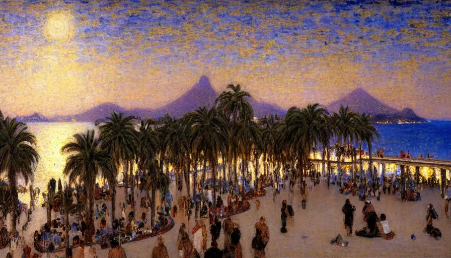 Prompt: a ultradetailed beautiful painting of the night sky of the rio de janeiro palace balustrade designed by jules bastien - lepage, tarsila do amaral, frank weston and gustave baumann, beach, trending on artstation, mediterranean, palm trees, sharp focus, giant greek columns, soft light, 8 k 4 k