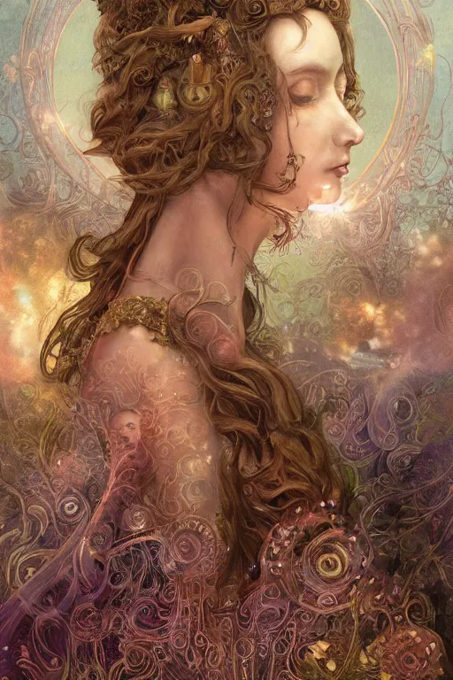 Image similar to elaborately hyperdetailed Surrealist pre-raphaelite illustration of an extremely beautiful regal woman with an imponent crown, eerie mist and ethereal pink bubbles, Aetherpunk, atmospheric lighting, bright background, moonlight, high fantasy professionally painted digital art painting, smooth, sharp focus, highly detailed illustration highlights, backlight, golden ratio, 8K detail post-processing, symmetrical facial features, rich deep moody colors, award winning picture, Daily Deviation on DeviantArt, trending on cgsociety, featured on ArtstationHQ, very coherent symmetrical artwork, concept art