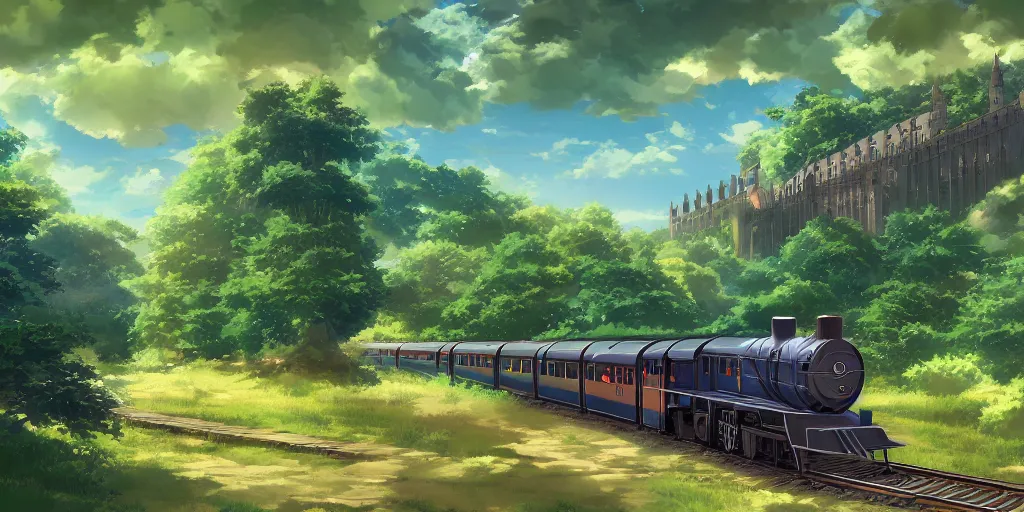 Image similar to A beautiful illustration of beautiful Hogwarts train, leaves, trees, steam, wide angle, by makoto shinkai, Wu daozi, very detailed, deviantart, 8k, wallpaper, tropical, colorful, airy, anime illustration, anime nature wallpap